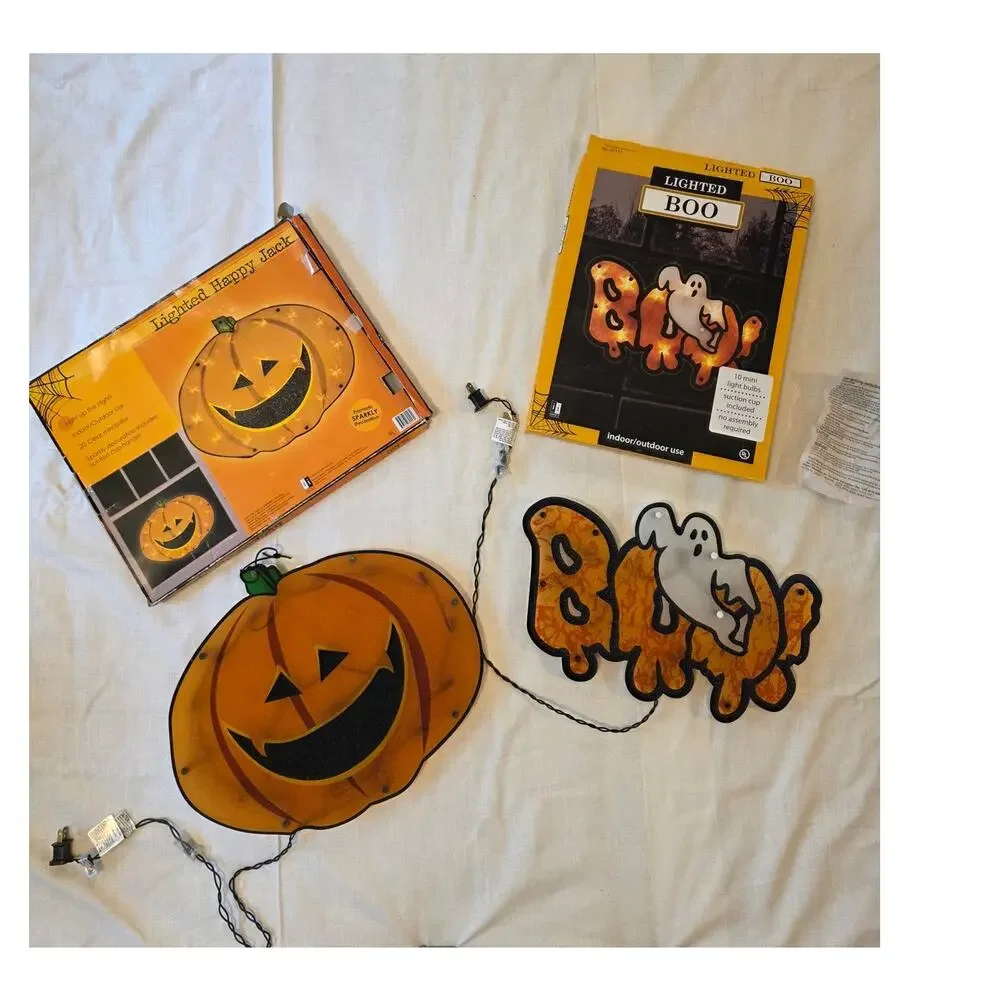 Impact Innovations Lighted Halloween Window Decorations Pumpkin BOO Ghost Set